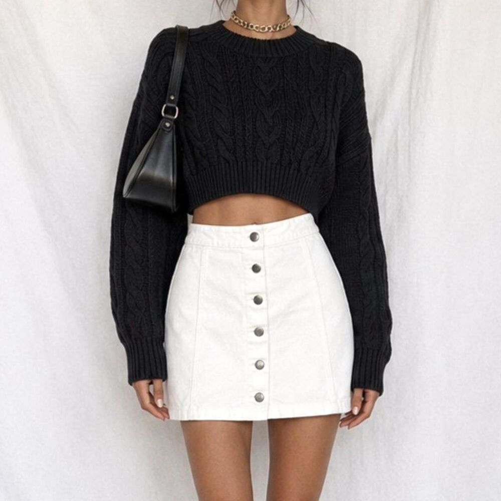 Vintage Y2K 90s White Button Front High Waisted Denim A-Line Mini Skirt XS/S